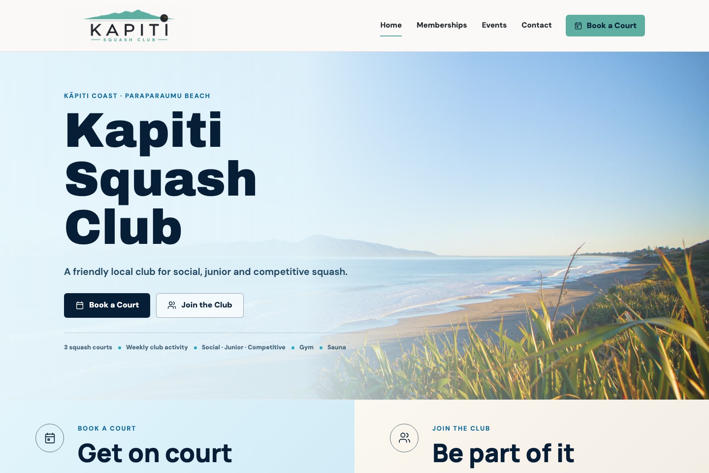 Desktop homepage design for Kāpiti Squash Club with court booking and membership calls to action