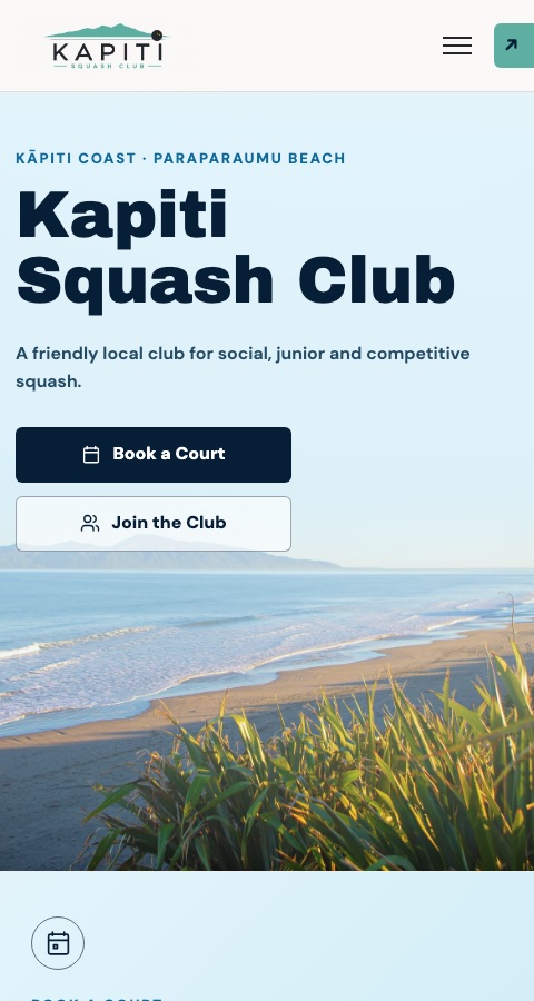 Mobile homepage design for Kāpiti Squash Club