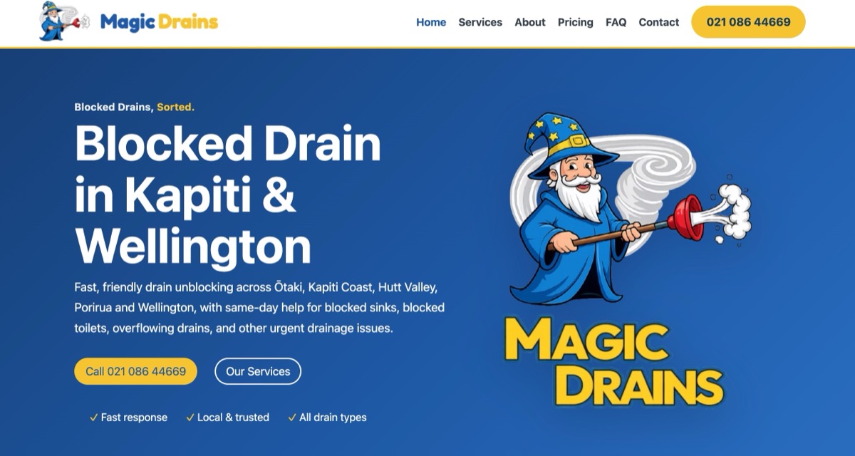 Magic Drains website displayed in a browser window