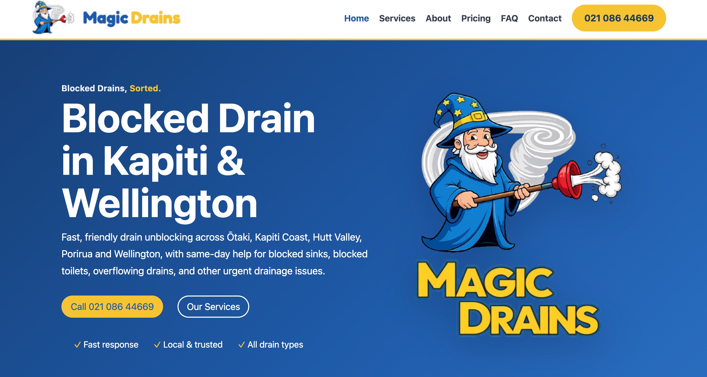 Magic Drains website shown in a browser window