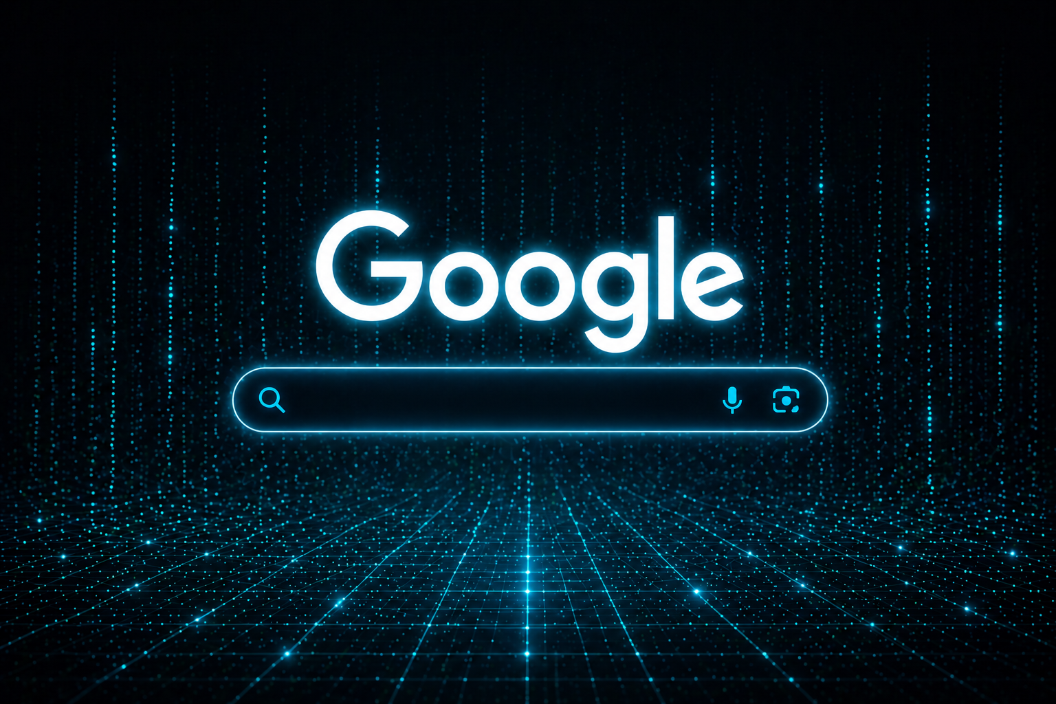Stylised Google search bar on a digital blue grid background