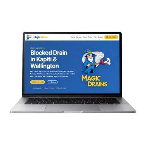 Magic Drains website shown on a laptop screen