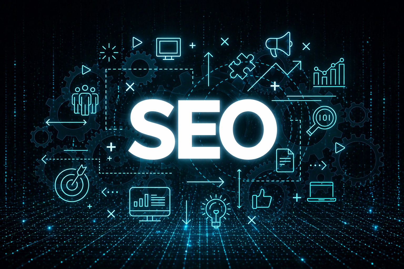 SEO graphic with analytics, search and growth icons around the word SEO