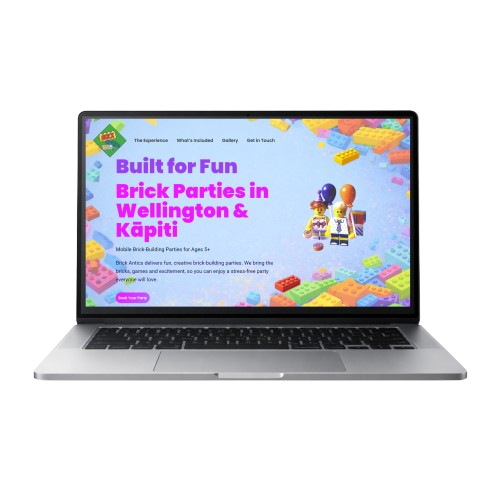 Brick Antics website shown on a laptop screen