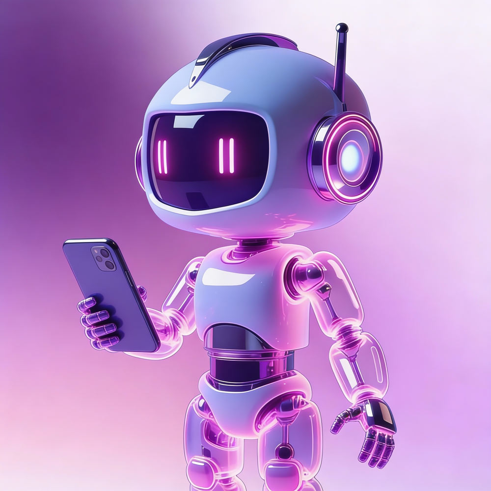 Friendly AI assistant holding a smartphone