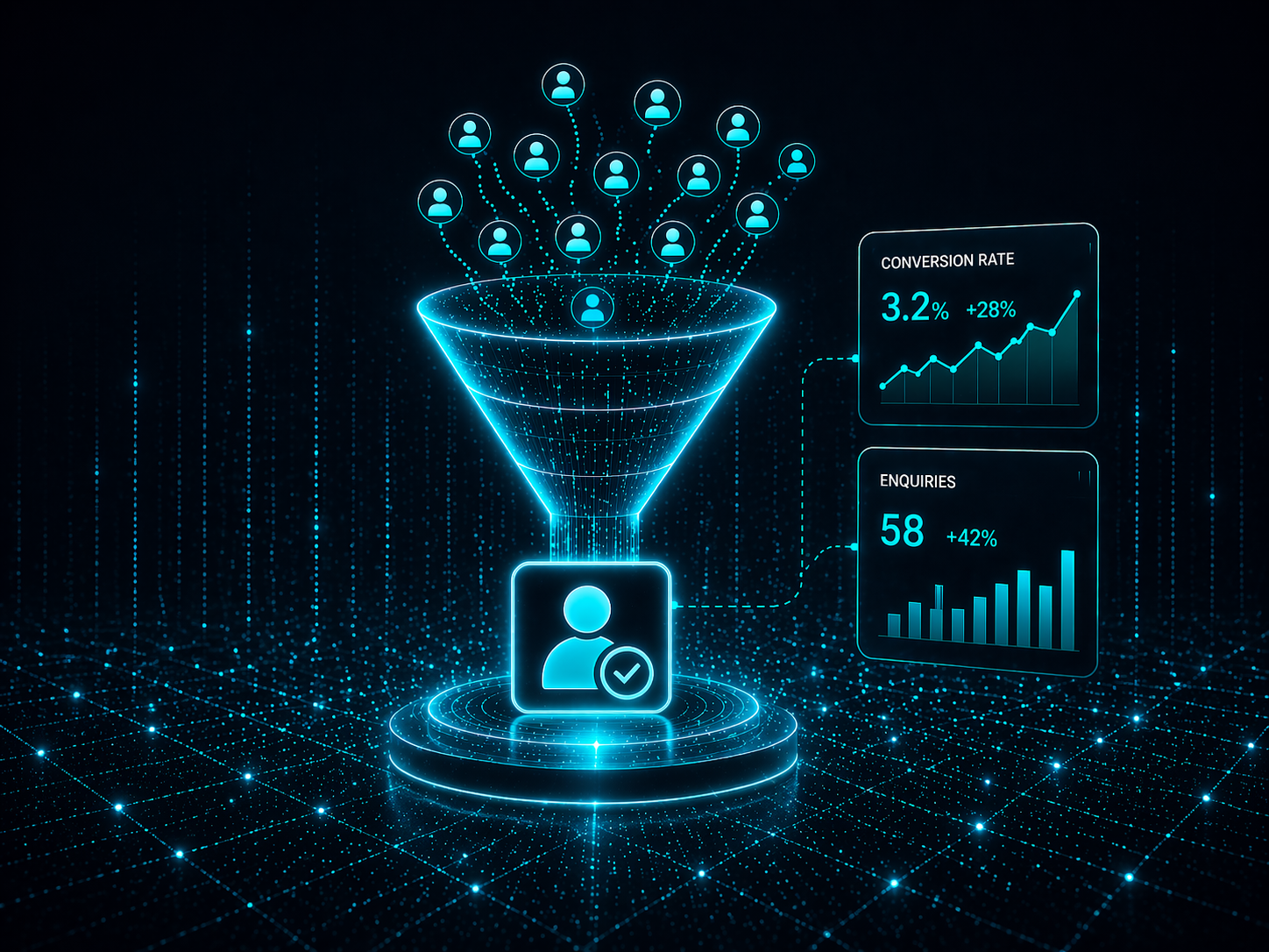 Conversion funnel graphic with enquiry and growth dashboards