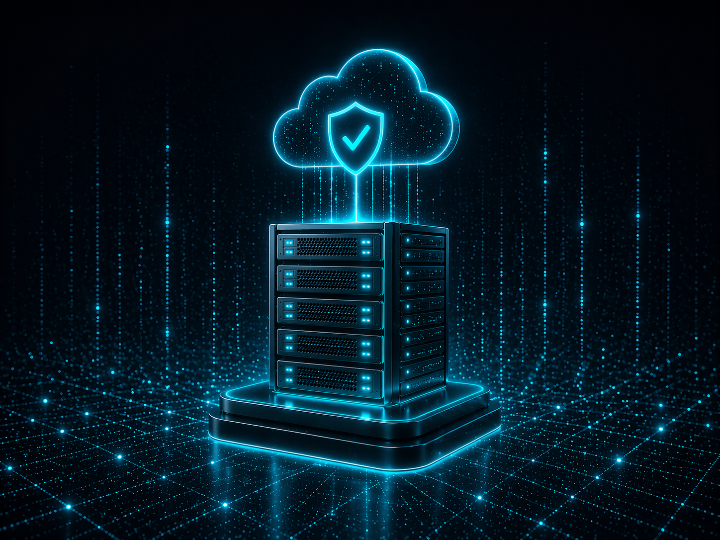 Cloud hosting graphic above a secure server stack