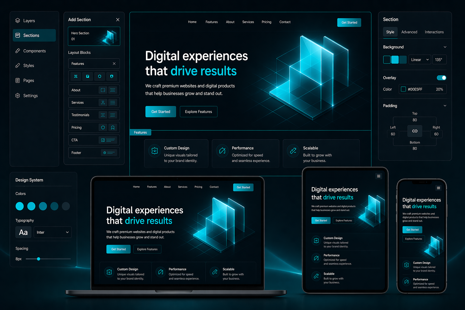 Website builder interface shown across desktop, tablet and mobile screens
